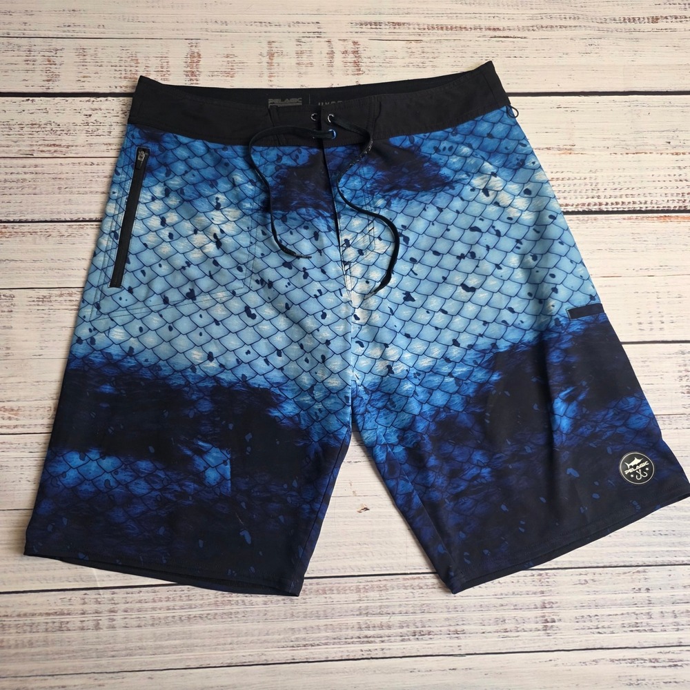Pelagic Hydro-Lite Board Shorts Mens 36 Blue Fish Scale Print Fishing Swim Trunk
